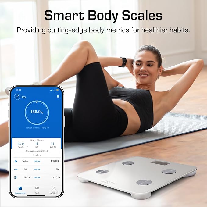 Active Era Digital Bathroom Bluetooth Scales Weight and Body Fat - Fit Track Scale Calculates BMI, Body Fat Percentage, Muscle Mass - Apple Health, Google Fit & Fitbit Compatibility (White)