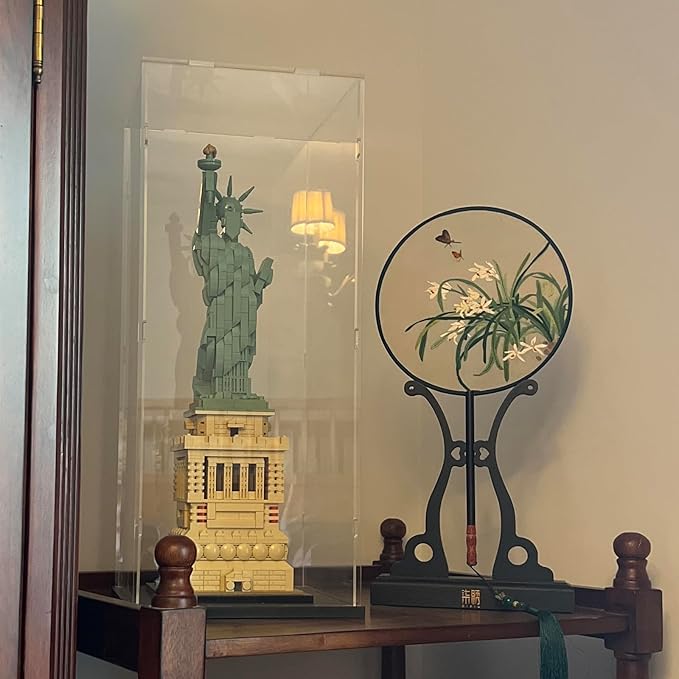 Choowin 20 inch Tall Acrylic Display Case for Lego Statue of Liberty 21042 Display Thickened Clear Acrylic Display Cases for Collectibles Figures Doll Assemble Dustproof Display Box(Black Base)