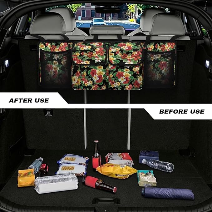 Tropical Flower Leaves Auto Back Seat Trunk Organizer Hanging Car Organizer Trunk Foldable Cargo Storage with 4 Large Pockets 3 Adjustable Straps 37x11.8inch