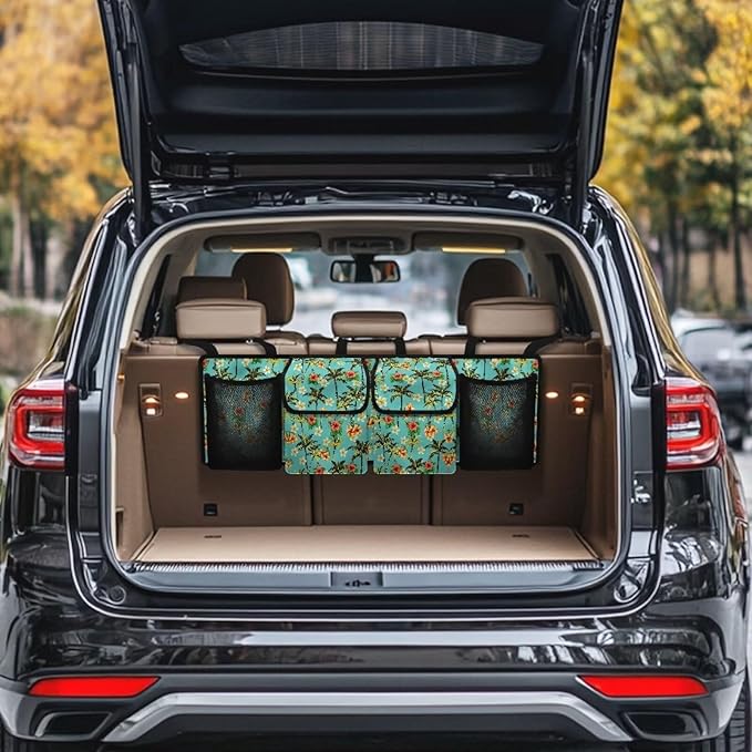 Green Coconut Palm Car Trunk Organizer Storage - Collapsible Pocket Automotive Expandable Sturdy Straps Folding Cargo Store for Auto Backseat