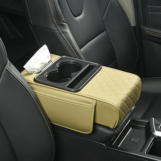 Car Armrest Cushion, 5-in-1 Center Console Cover with 2 Storage Bags Cup Holder, Cup Holder Tissue Slot Phone Slot for Car, Universal Car Armrest Box Cover Protection Pad for Most Vehicles (D)