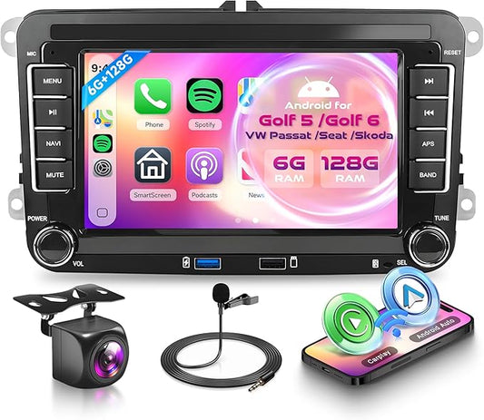 8 Core 6G+128G Android Car Stereo for VW Golf MK5 MK6 Passat Jetta Tiguan T5 EOS Polo with Wireless CarPlay Android Auto, 7” Touchscreen Car Radio GPS WiFi SWC Bluetooth 32EQ Backup Camera