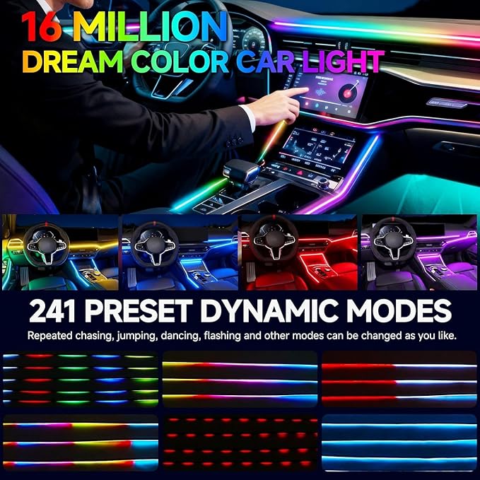 Interior Car LED Strip Lights, Acrylic LED Lights RGB Dreamcolor 10 in 1 with 175 inches 593 LEDs Fiber Optic Ambient Lighting Kits,APP and Remote Control 16 Million Colors Car Neon Lights