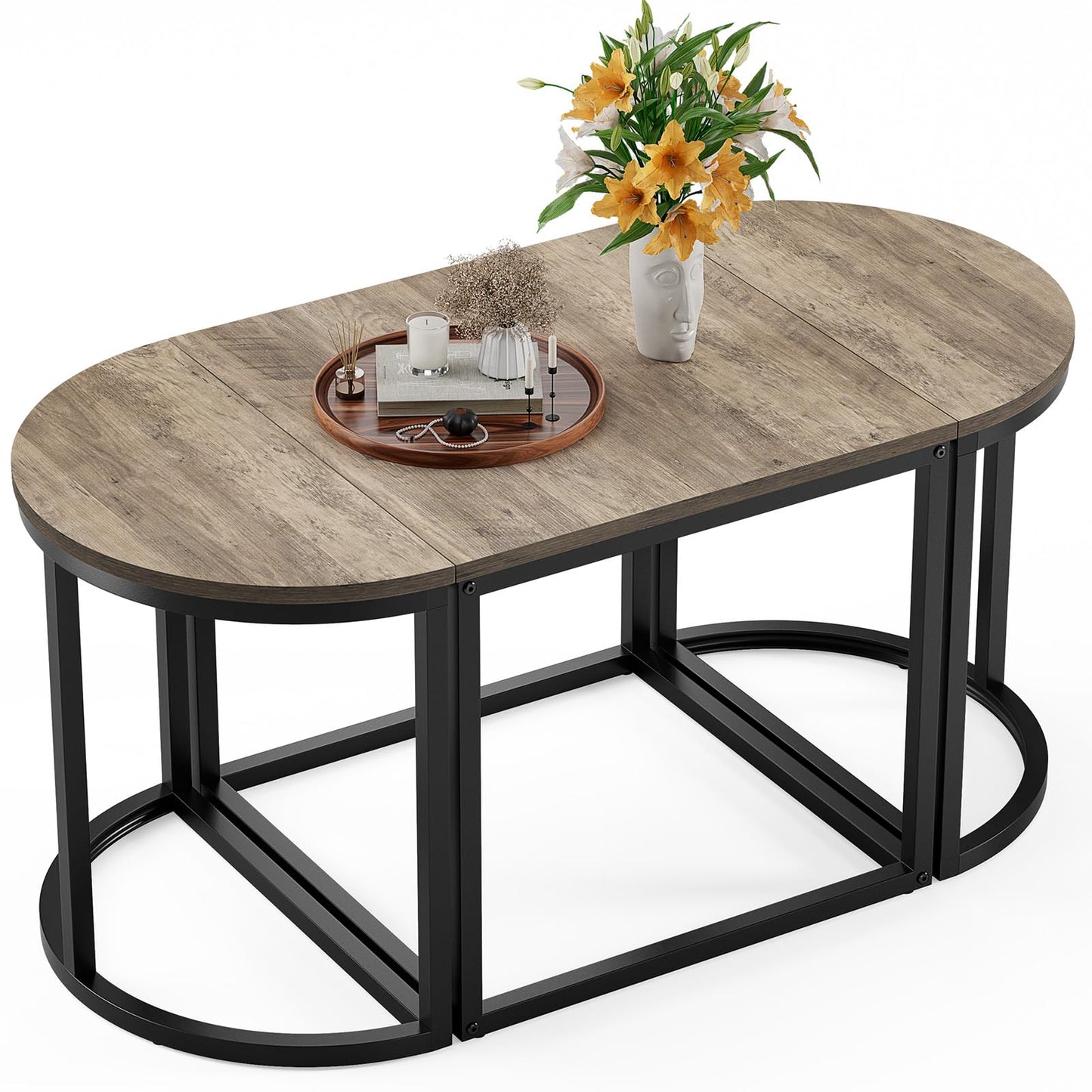 GreenForest Coffee Table Oval 3pcs Set, Modern Living Room Table with 2 End Tables, Small Center Table with Metal Frame for Home Apartment, Gray Wash