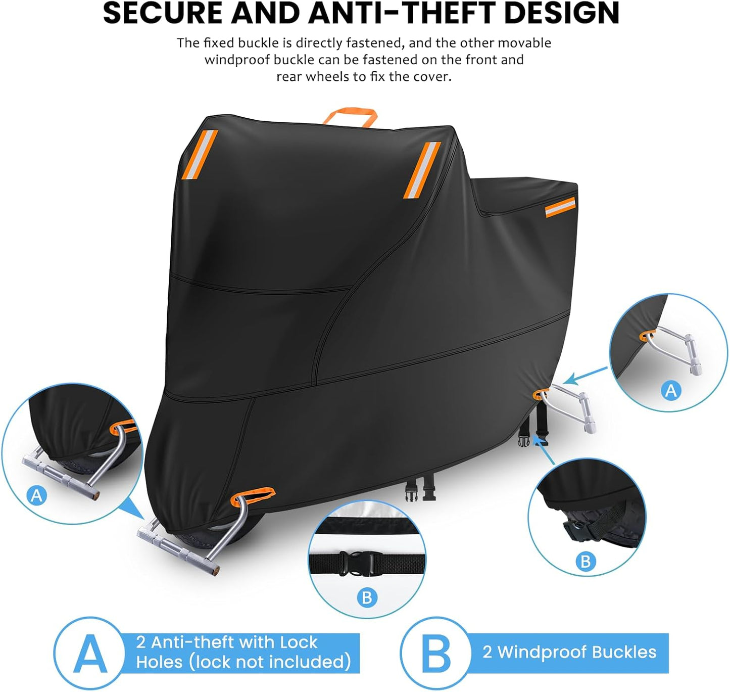 Motor Bike Cover Waterproof Outdoor, Motorbike Scooter Moped Cover Sun Rain Dust Protection with 4 Reflective Strips and 2 Fixed Buckles, 2 Lock-Holes for Most Motorcycles (L: 81 x 37 x 43 inch)