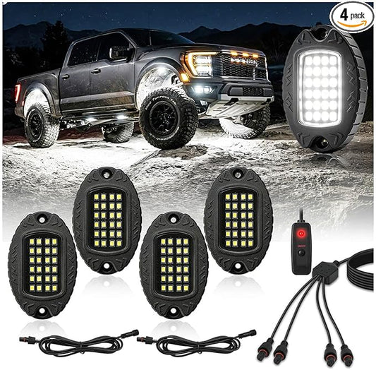 4 Pods Pure White LED Rock Lights, IP68 Waterproof Aluminum 6500K Bright White Underglow Light with Extension cord Harness,12V Metal Fender Lights for ATV UTV SXS RZR Car Golf Cart Trucks Off Road Etc