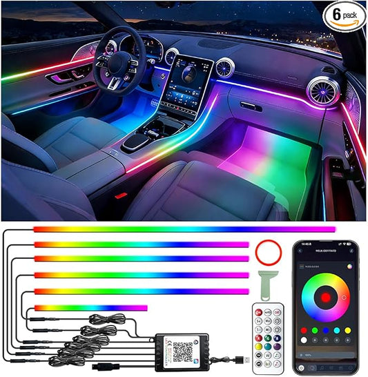 6 in 1 Car Led Strip Lights, Interior Car Lights, App and Remote Control Ambient Lighting Kit with RGB 16 Million Colors Fiber Optics&Music Sync Rhythm, USB Neon Light Accessories for Console&Door