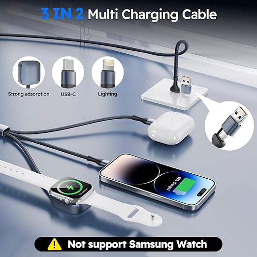 Travel Essentials 3in2 Multi Charging Cable for iPhone Watch Charger,USB A/C to Type C/IP/iWatch charger, Charging Cords for Multiple Devices Compatible with iWatch Series&iPhone 17-12 (2Pack,6FT)