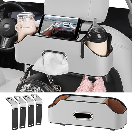 Car Rear Backseat Extra Multifunctional Drink Cup Holder Organizers with Tissue Storage Box Organizer & Hooks for Car Seat Back (Gray)