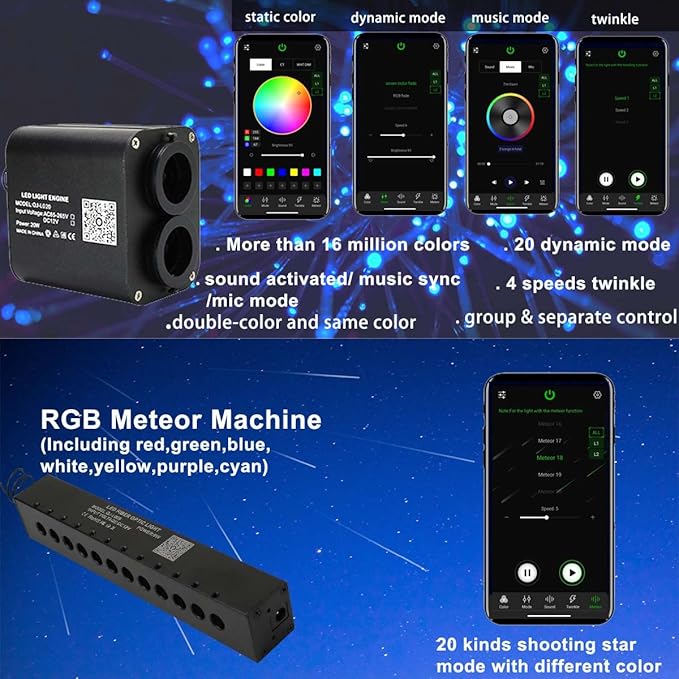 AZIMOM Dual Color 20w Twinkle Fiber Optic Starlight Headliner Kits 1200pcs 0.03in 13.1ft, RGB Meteor Shooting Star, Sound Activated Remote APP Control Home Car Ceiling Décor