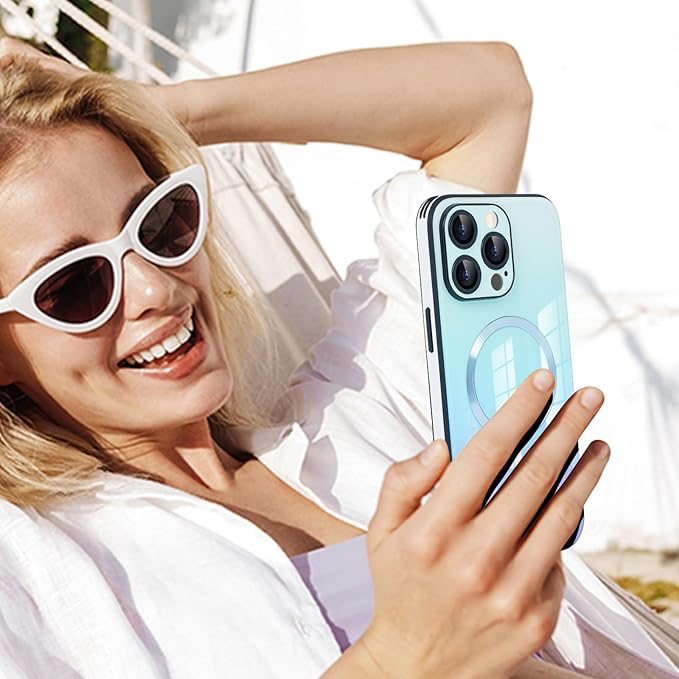 Guppy Compatible with iPhone 15 Pro Max Case Magnetic, with Full Camera Lens Protector [Compatible with MagSafe] Scratch Resistant Gradient Glass Back Cover Phone Case-Blue