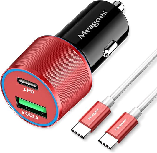 67.5W Red Car Charger USB C Super Fast Charging, 45W USBC&QC3.0 Port Plug for iPhone 17 Pro Max/Air/16/15/iPad, Samsung S26/S25 Android Cell Phone, Dual 12V Cigarette Lighter Adapter+3.3ft Type C Cord