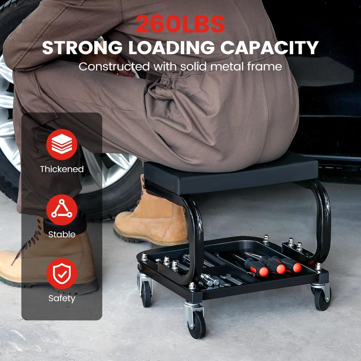 Rolling Creeper Garage/Shop Seat, 260LBS Capacity Padded Workshop Stool with Tool Tray Storage Mechanic Roller Seat for Shop, Garage, Auto Repair