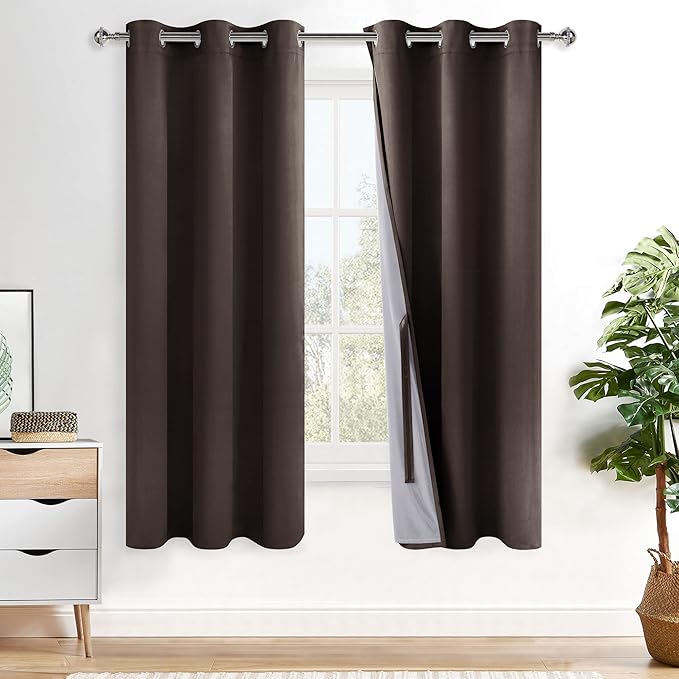 XWZO 100% Blackout Window Curtains - Thermal Insulated & Completely Room Darkening Black Liner Window Treatment with Tiebacks for Bedroom/Living Room, Brown, W42 x L63, Set of 2 Panels