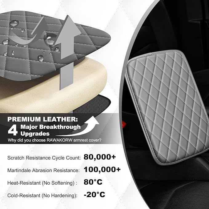 Upgraded Car Center Console Cover Fit for Avalon Faux Leather Car Armrest Cover Cushion with 2 Storage Bags,Car Armrest Storage Box Interior Accessories(Grey&Whiteline)