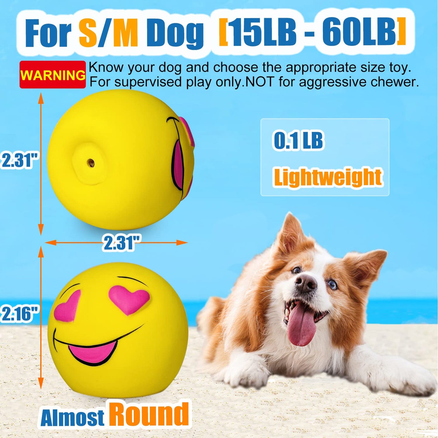 HOLYSTEED Squeaky Dog Toys for Medium Dogs, Soft Latex Squeaky Dog Balls, Smile Dog Toys 6pcs Round Balls for Small, Medium Breeds