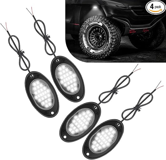4 PCS LED Rock Lights, Super Bright Neon Underglow Lights, Waterproof Ambient Underglow Light Kit, Universal Undercar Neon Light Kit for Pickup Off Road RZR SUV ATV UTV Car (White)