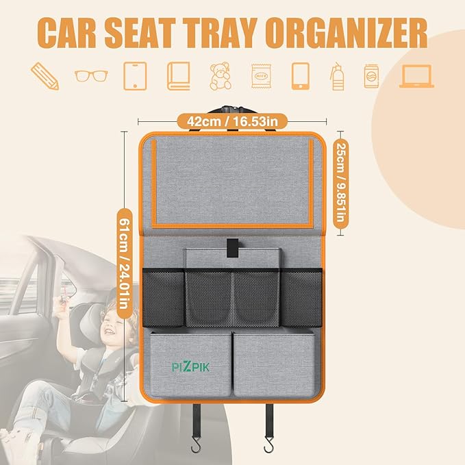 Plzpik Car Backseat Organizer with Tablet Holder,11 Storage Pockets with Foldable Food Tray, Protector Kick Mats for Kids, Travel Accessories Organizer (Orange, 2Pack with Food Tray)