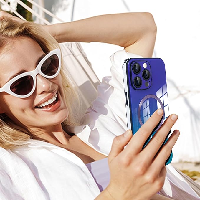 Guppy Compatible with iPhone 15 Pro Max Case Magnetic, with Full Camera Lens Protector [Compatible with MagSafe] Scratch Resistant Gradient Glass Back Cover Phone Case-Purple