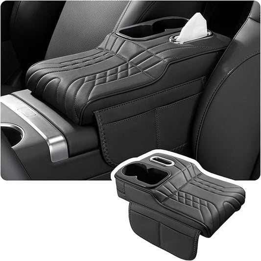 Car Armrest Storage Box for Cadillac XT4 2018–2025 2020 2021 2022 2023 2024, Sport-Style Center Console Organizer with Side Pocket, PU Leather Armrest Cushion, Elbow Support Pad,A Black