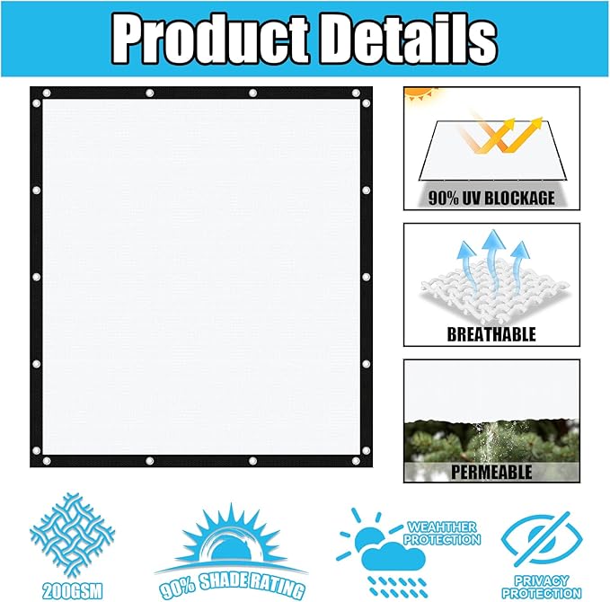 Amagenix 90% Pergola Shade Cover 10' X 10' Sun Shade Cloth with Grommets for Outdoor Garden Patio Porch, Commercial Grade 200 GSM - Cable Zip Ties Included (We Customized) GN108, White