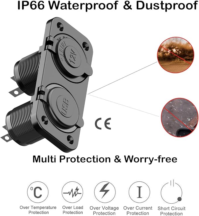 QC 3.0 USB Outlet 12V Boat Marine Waterproof Cigarette Lighter Socket Splitter 12 Volt DC Power Charger Adapter DIY Kit with Blue LED Dual USB Ports for Rocker Switch Panel on Car RV Golf Cart ATV