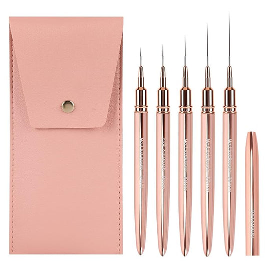 5PCS Nail Art Brushes Set with Pink Leather Case，【Metallic Material】 【Various Size】 【Light Weight】Nail Brush， Nail Brushes for Nail Art，Size：5mm,8mm,12mm,20mm,25mm，Rosegold