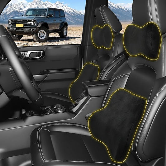 Car Neck & Lumbar Support Pillow Set for Ford Bronco, Soft Memory Foam Headrest & Back Cushion, Ergonomic Comfortable Seat Support for Daily Driving and Long Trips Car Interior Accessories