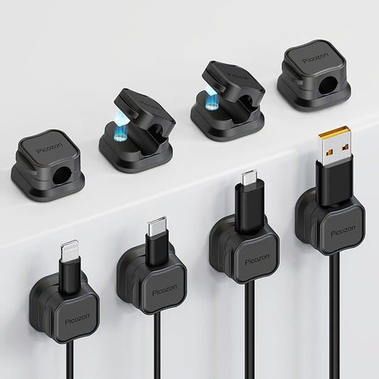 8 Pack Magnetic Cable Clip Organizer Cord Holder, Picozon Adhesive Cable Management, Wire Phone USB Charger Cable Holder, Keeper Organizer for Office Home Desktop Table - Black