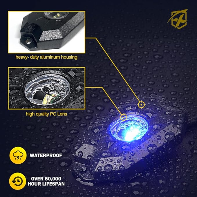 Xprite RGBW LED Rock Lights Kit with Bluetooth & Wireless Remote Controller, Multicolor Cars Underglow, Wheel, Footwell Neon Light Kits, for Off-Road UTV ATV Trucks SUV Motorcycle Boats - 8 Pods