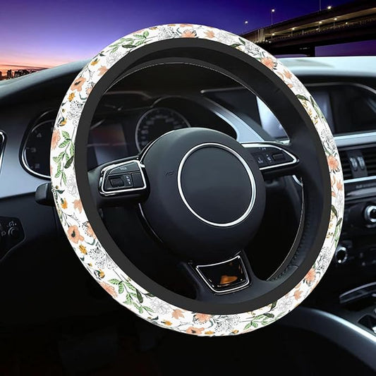 Car Steering Wheel Cover for Women Men, Non-Slip Botanical Floral Pattern with Ladybugs Steering Wheel Protector, Universal 14"-15" Fit for Cars, SUVs, Trucks