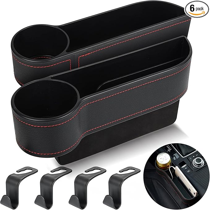 2 Set Car Seat Gap Organizer, Car Gap Filler Storage Boxes, PU Leather Front Seat Console Side Pocket Bags with Cup Holder 4 Hooks, Automotive Storage Box for Phone, Drinks, Cards, Sunglasses, Black