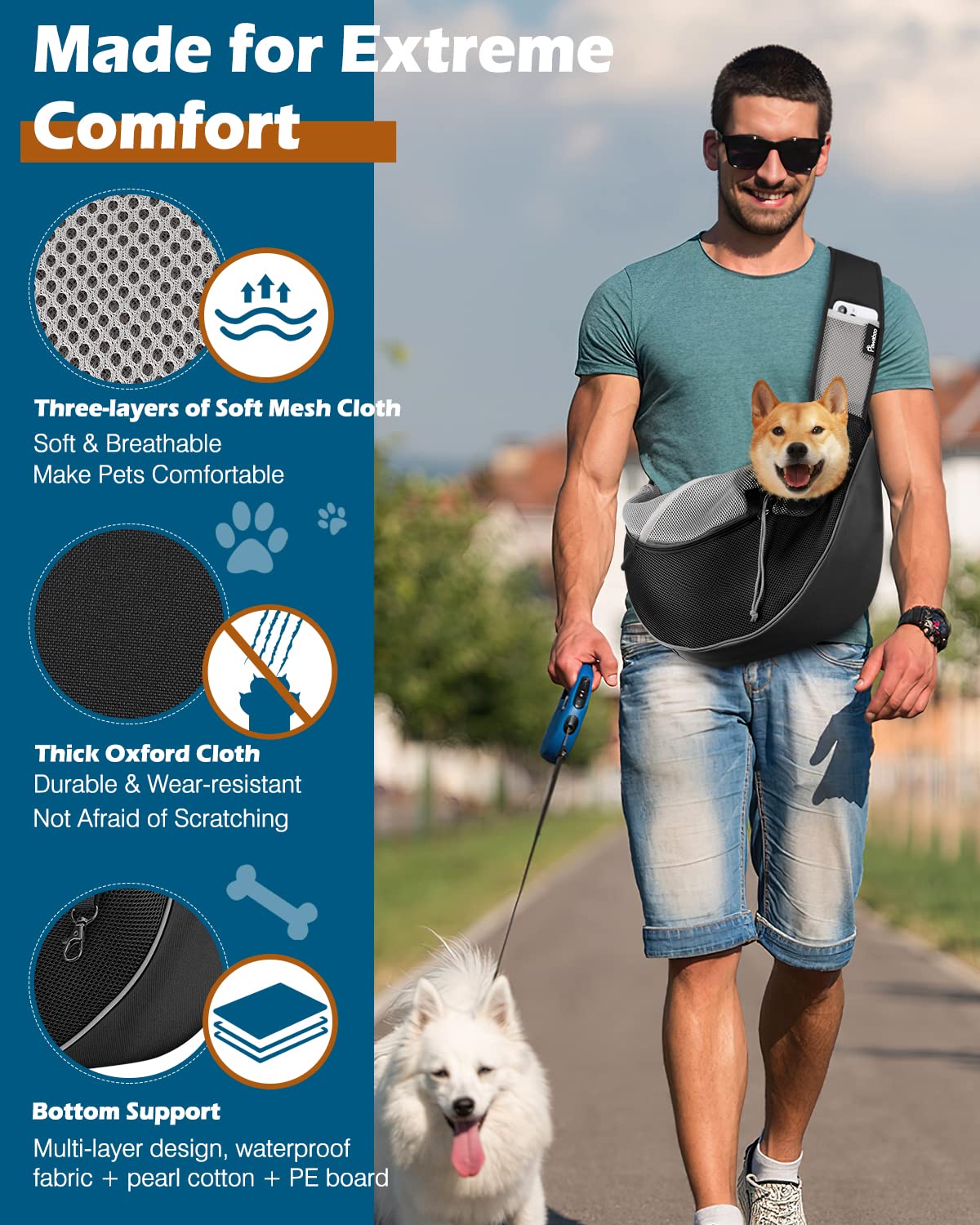 Pawaboo Dog Sling Carrier, Dog Papoose with Zipper Touch Pocket, Hand Free Breathable Mesh Puppy Carrier, Crossbody Satchel Dog Purse with Adjustable Strap for Outdoor Travel, Black, Small