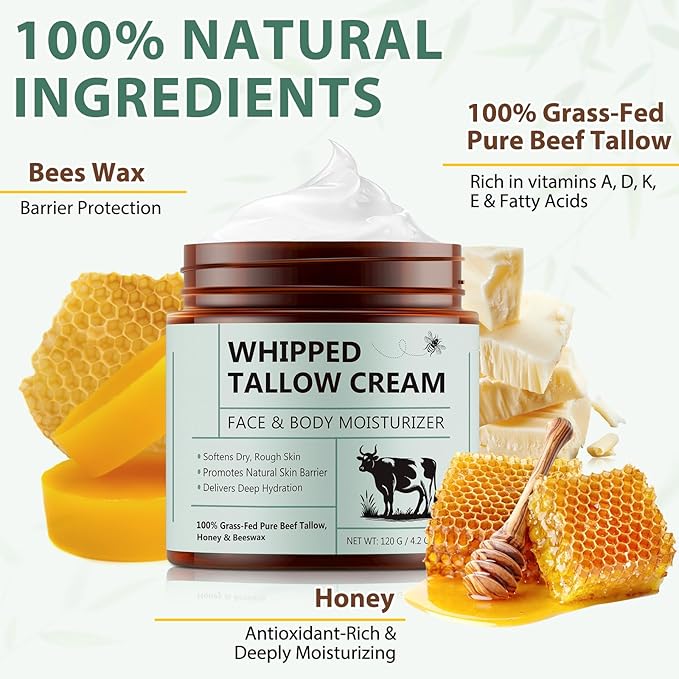 NIFEISHI Beef Tallow for Skin, 100% Tallow and Honey Balm, Beef Tallow Moisturizer for Face, Deeply Moisturizing for Face & Body, Unscented Fast Absorption-4.2 Oz