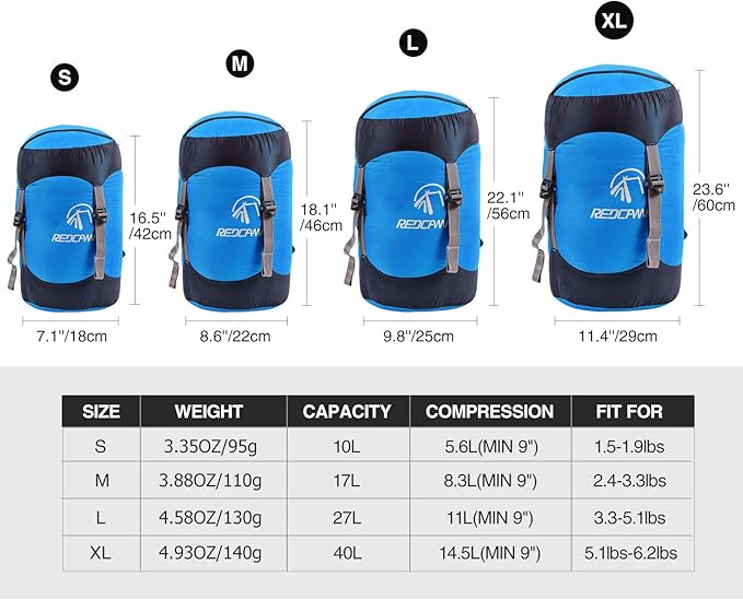 REDCAMP Nylon Compression Stuff Sack, 10L/17L/27L/40L Lightweight Sleeping Bag Compression Sack Great for Backpacking, Hiking and Camping,Blue/Yellow/Army Green/Black