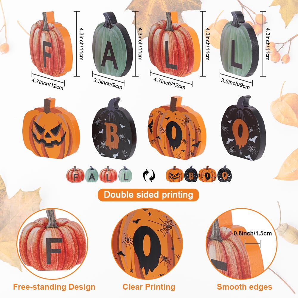 DECSPAS Fall Decorations for Home & Halloween Decorations Indoor, Double-Sided Pumpkin Wood Sign with Fall & Boo Lettered, Autumn Wooden Block Set for Table, Tiered Tray, Mantle, Thanksgiving Decor