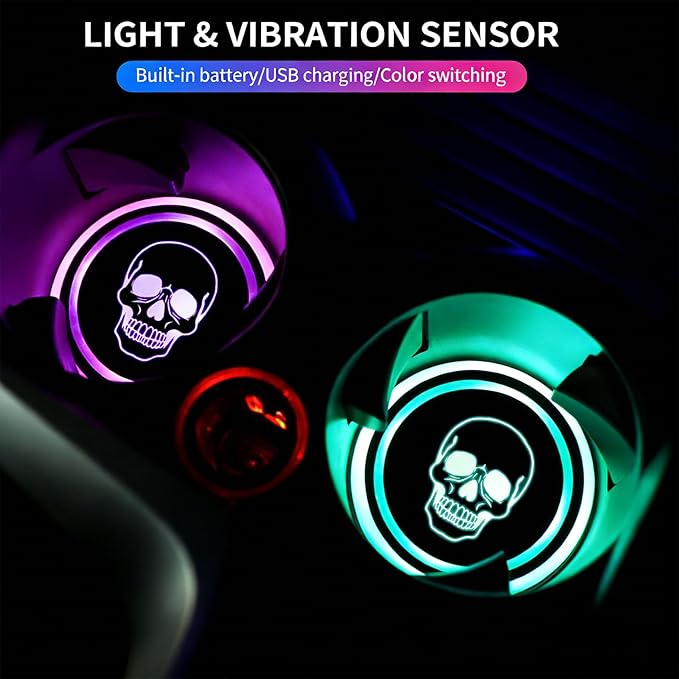 Cherry LED Cup Holder Lights for Car,2Pcs LED Light Up Cup Holder Coasters with USB Charging 7 Colors 3 Modes,Waterproof Interior Atmosphere Lamp,Car Decor Accessories Cherry Gifts for Women Men