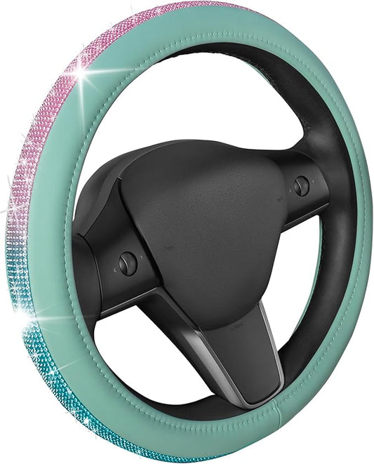 Carbella Mint Green Diamond Bling Steering Wheel Cover, Standard 15 Inch Size Fits Most Vehicles, Cute Faux Leather Car Steering Cover with Rhinestone Crystal, Car Accessories for Women
