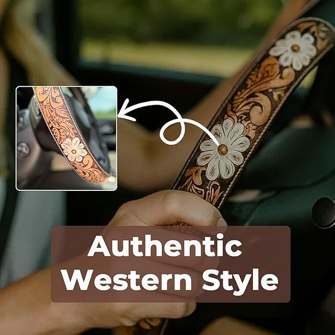 Western Steering Wheel Cover, Color Printed Embossed Hand-Painted Leather Western car Parts, for Women Man, Anti-Slip Design Easy to Install, for Trucks SUVs Cars (Style 6)