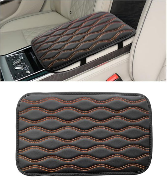 Car Center Console Cushion Pad, 12.48×7.40 Inches Waterproof Car Armrest Seat Box Cover, Comfortable PU Leather Vehicle Armrest Cover Protector, Car Decor Interior Accessories (Black＋Orange)