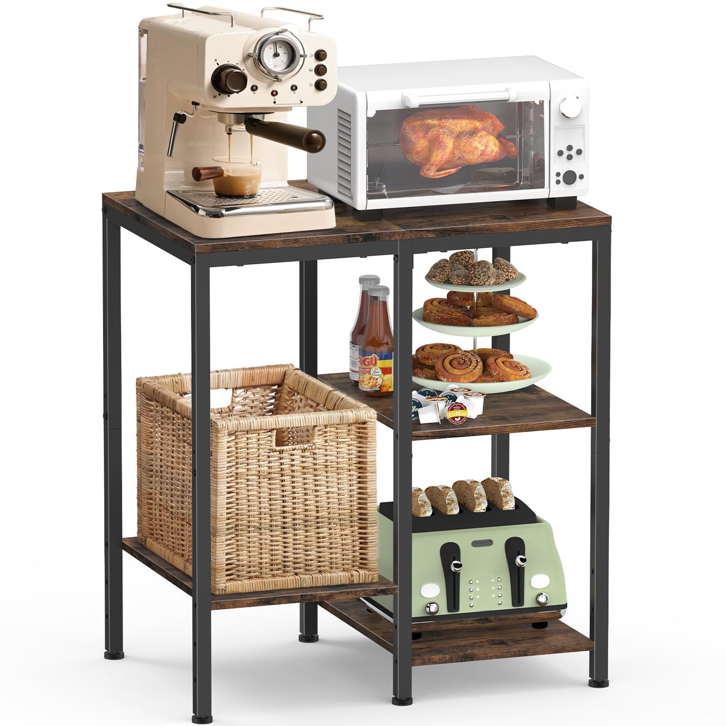 OGEMXU Kitchen Microwave Stand,4-Tier Adjustable Bakers Rack,Multi-Purpose Kitchen Storage Cart for Coffee Station,Space-Saving Metal Appliance Shelf for Living Room,Rustic Brown