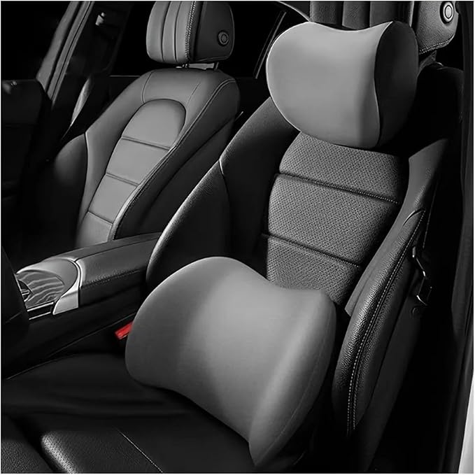 Memory Foam Car Neck Pillow & Waist Cushion - Soft fit for Seat Headrest & Lumbar Support for Comfort(Hb-Gray 1set)