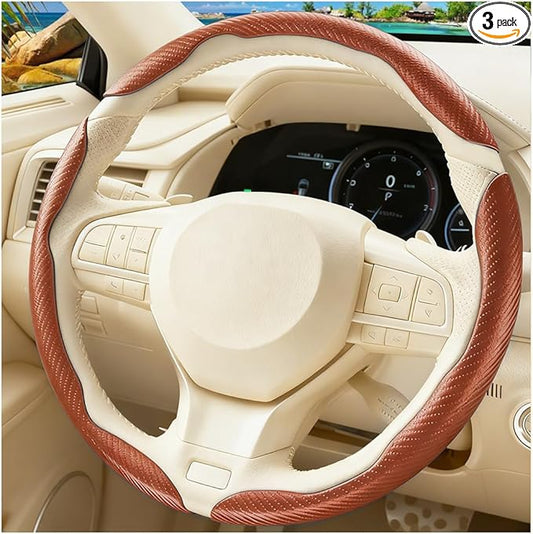 3PCS Carbon Fiber Car Steering Wheel Cover, Leather Segmented Anti-Skid Steering Wheel Protector, Snap on Automotive Interior Protection Accessories, Universal for Vehicles (Champagne)