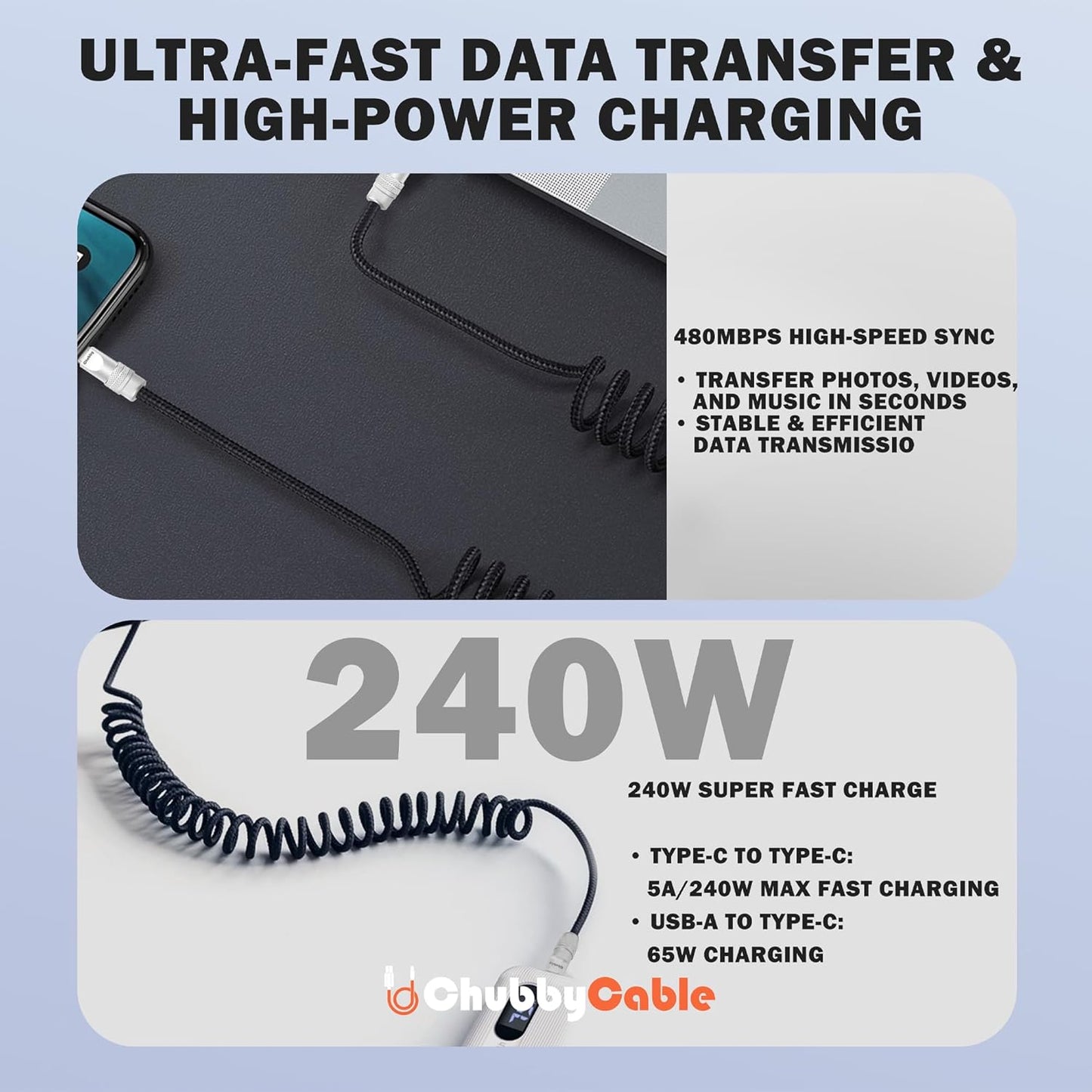 chubbycable Curly Chubby - Retractable Fast Charging Cable 240W Coiled Charger Cord for Car Durable USB-C Cable for Phones, Tablets and More, Yellow, USB-A to Type-C, 1.3FT-2.3FT
