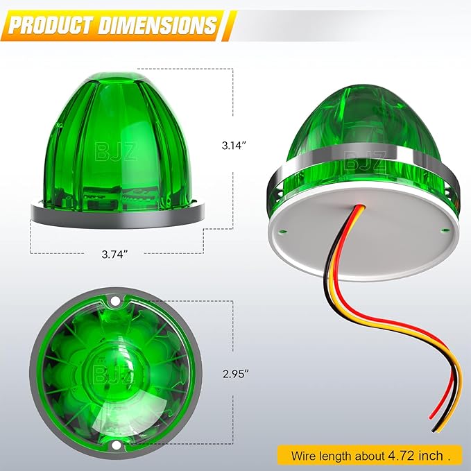BJZ 6Pcs Green Watermelon LED Strobe+Constant Marker Lights Dual Function Watermelon-Shaped Side Marker Clearance Tail Top Cap Roof Lights for Trailer Truck Semi-Trailer Heavy-Duty Truck Bus Van
