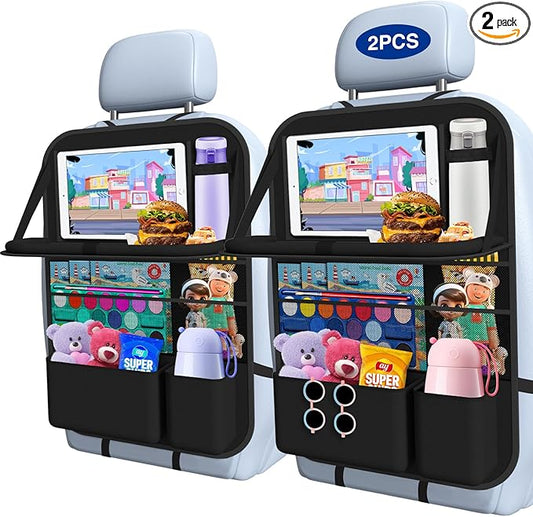Car Backseat Organizer with Table Tray(2-Pack) 9 Storage Pockets Backseat Car Organizer and storage with Tablet Holder, Kick Mats Back Seat Cover for Kids family Road Trip Essentials Travel