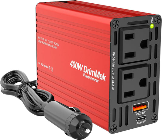 400W Car Power Inverter - Dual DC 12V to 110V AC Car Plug Adapter Outlets, Fast Charging USB C 65W & 24W Port, Power Inverters for Vehicles, Laptop Car Charger, Road Trips