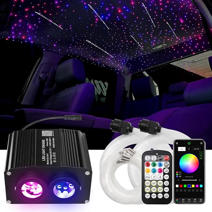 AMKI Dual Color 18W Twinkle&Meteor Starlight Headliner Kit 1000pcs 0.03in 13.1ft+240pcs Pure White Shooting Star,Updated 2 in 1 Starlight Box RGBW Sound Activated Mode for Car Home Decor