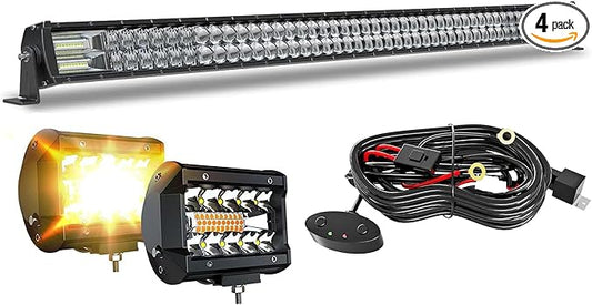 5D 52'' inch Straight LED Light Bar + 4'' inch White/Amber Yellow LED Pods Strobe Light Driving Fog Light Spot Flood Combo Beam Offroad Lighting with Switch Wiring Harness for Truck Pickup ATV