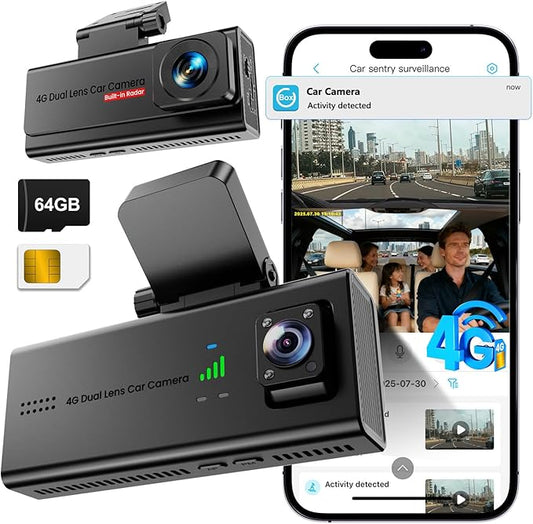 4G LTE Dash Cam with SIM Card, Live Streaming Car Security Camera Front & Cabin, 24/7 Parking Mode, AI Motion Alerts, Remote Viewing & 2-Way Talk, SD/Cloud, Anti-Theft Surveillance for Fleet & Family